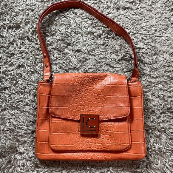 Liz Claiborne VINTAGE orange pleather purse animal print Clean lots of pockets - Picture 2 of 8